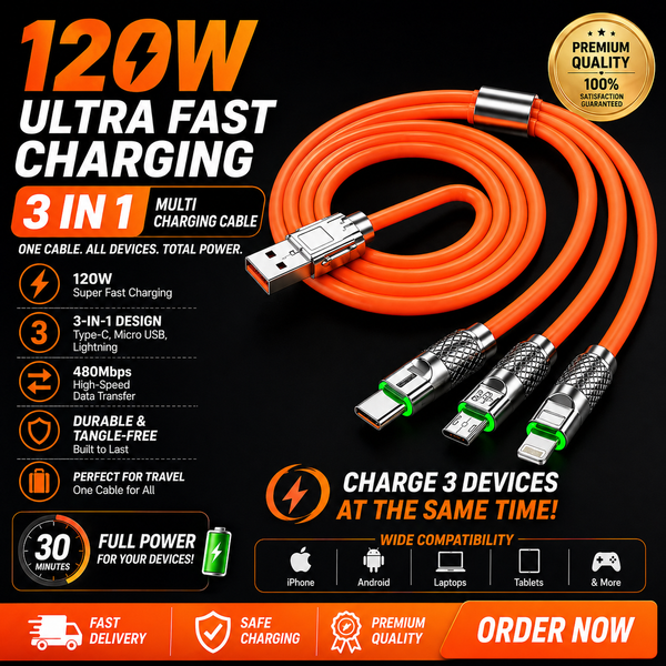 120W Fast Charging 3-in-1 Cable – Type-C, Micro USB & Lightning Multi Charger Cable for Android, iPhone & Tablets