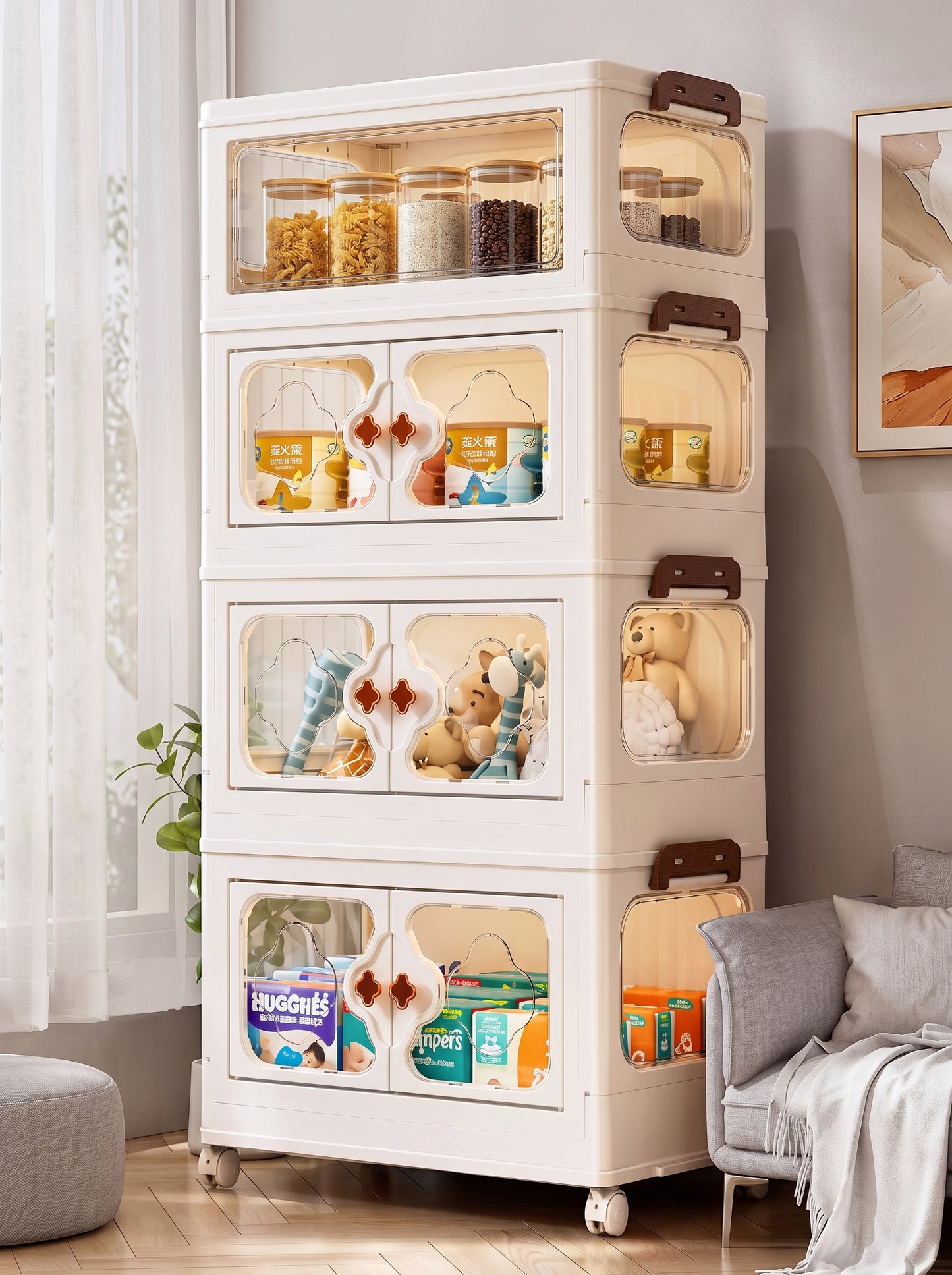 Cream White 4-Layer Foldable Storage Cabinet with clear front doors, brown handles, and rolling wheels storing toys and baby items - Emperial Homes