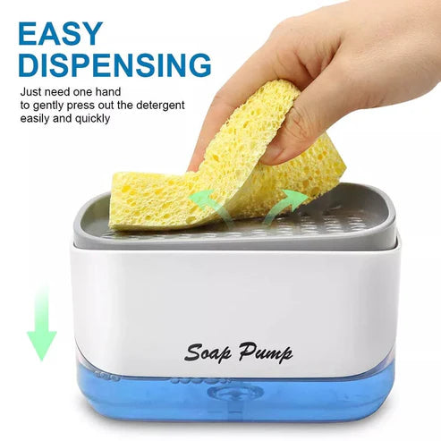 Soap pump with sponge and text about easy dispensing