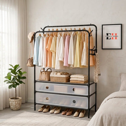 Double Pole Clothes Rack with Drawers & Shoe Storage | Heavy Duty Metal Wardrobe Organizer - Emperial Homes