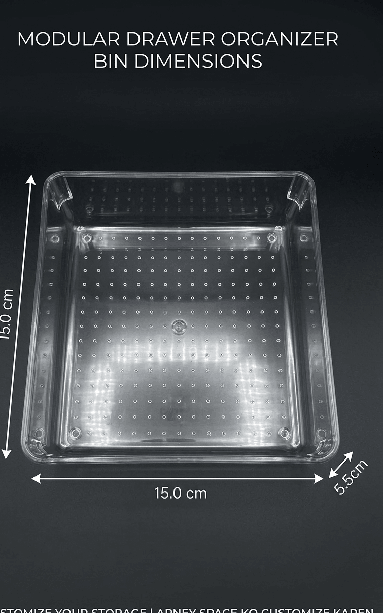 Clear modular drawer organizer bin with dimensions on a black background