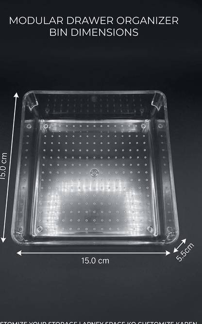 Clear modular drawer organizer bin with dimensions on a black background