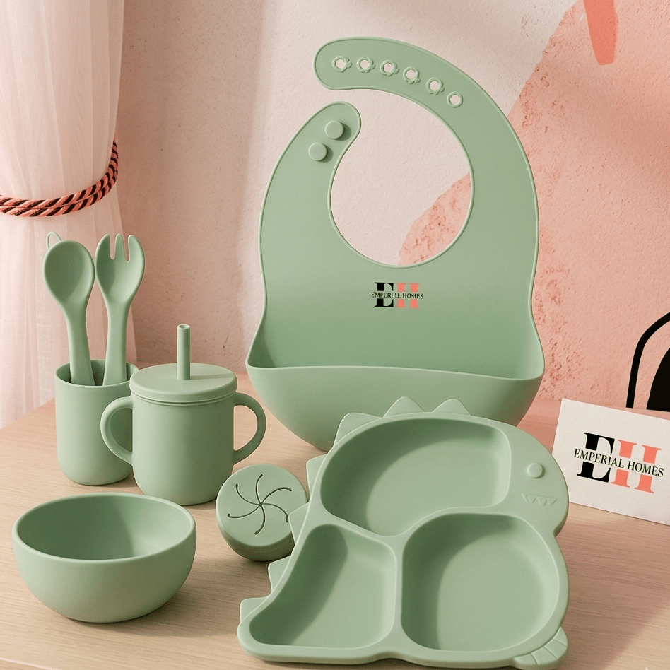 Food Grade Silicone Baby Tableware Set – Bowl, Fork, Spoon, Bib & Partition Plate