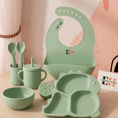 Food Grade Silicone Baby Tableware Set – Bowl, Fork, Spoon, Bib & Partition Plate