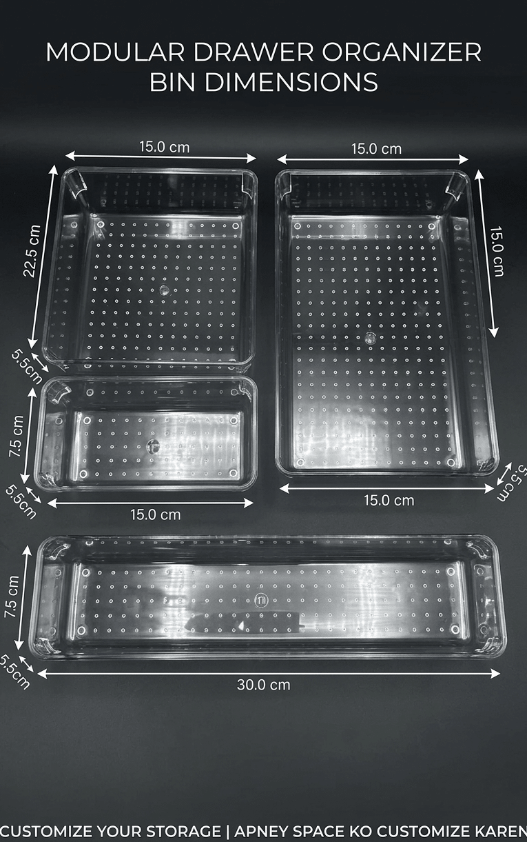 Dimensions of modular drawer organizer bins on a black background