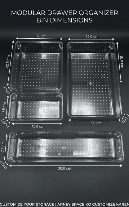 Dimensions of modular drawer organizer bins on a black background