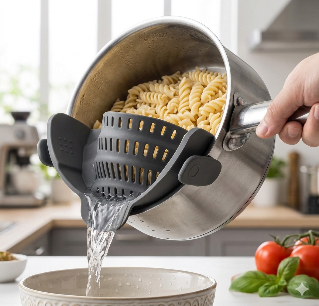 Silicone Clip‑On Strainer – Universal Silicone Pasta & Vegetable Strainers for Pots and Bowls