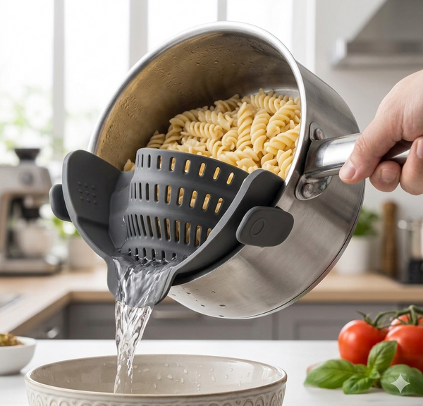 Silicone Clip‑On Strainer – Universal Silicone Pasta & Vegetable Strainers for Pots and Bowls
