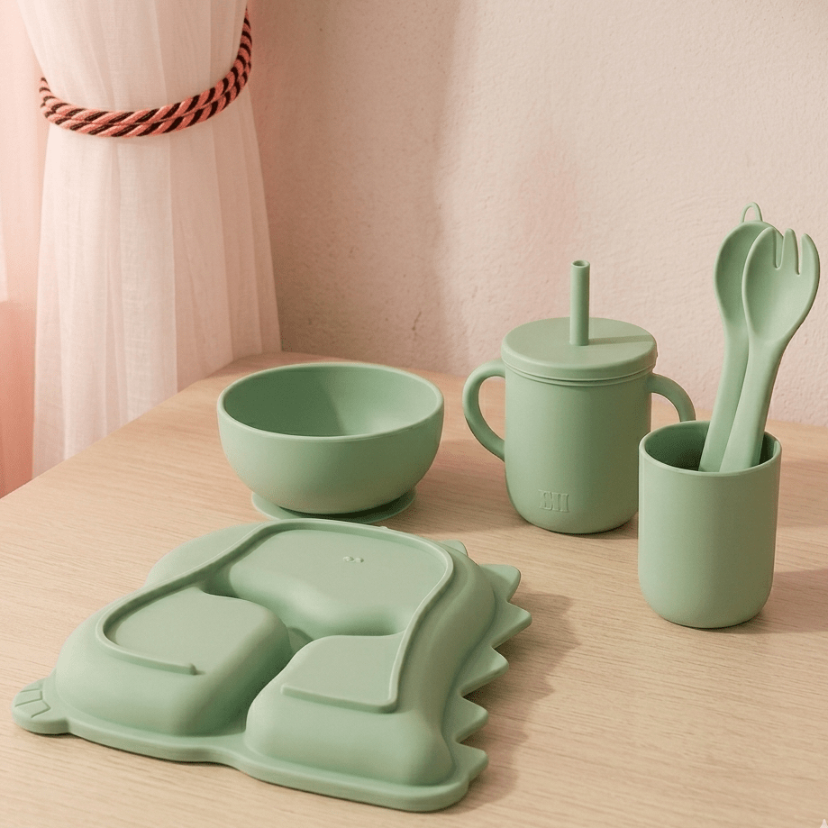 Food Grade Silicone Baby Tableware Set – Bowl, Fork, Spoon, Bib & Partition Plate