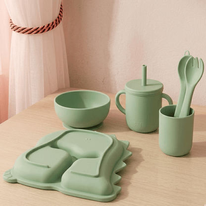 Food Grade Silicone Baby Tableware Set – Bowl, Fork, Spoon, Bib & Partition Plate