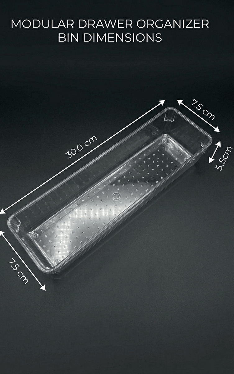 Modular drawer organizer bin with dimensions on a dark background