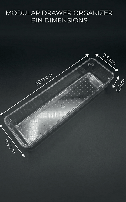 Modular drawer organizer bin with dimensions on a dark background