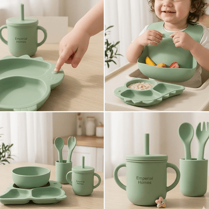 Food Grade Silicone Baby Tableware Set – Bowl, Fork, Spoon, Bib & Partition Plate