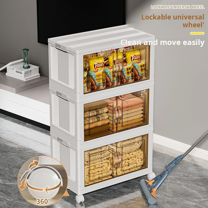 Modern Foldable Storage Transparent Cabinet with Wheels – Multi-Layer Plastic Wardrobe Organizer for Clothes, Toys & Home
