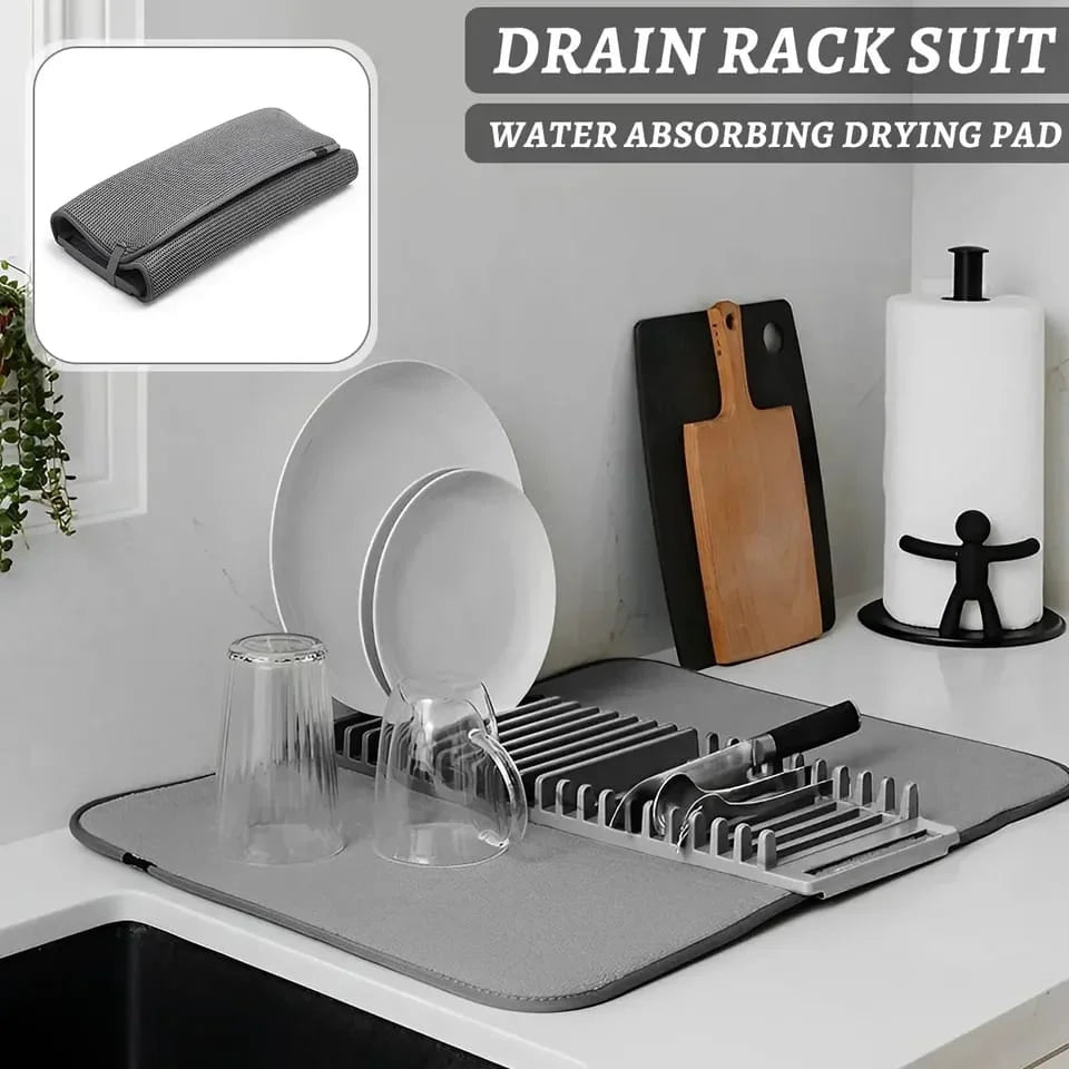Foldable Dish Drying Pad with Rack | Super Absorbent Kitchen Counter Mat