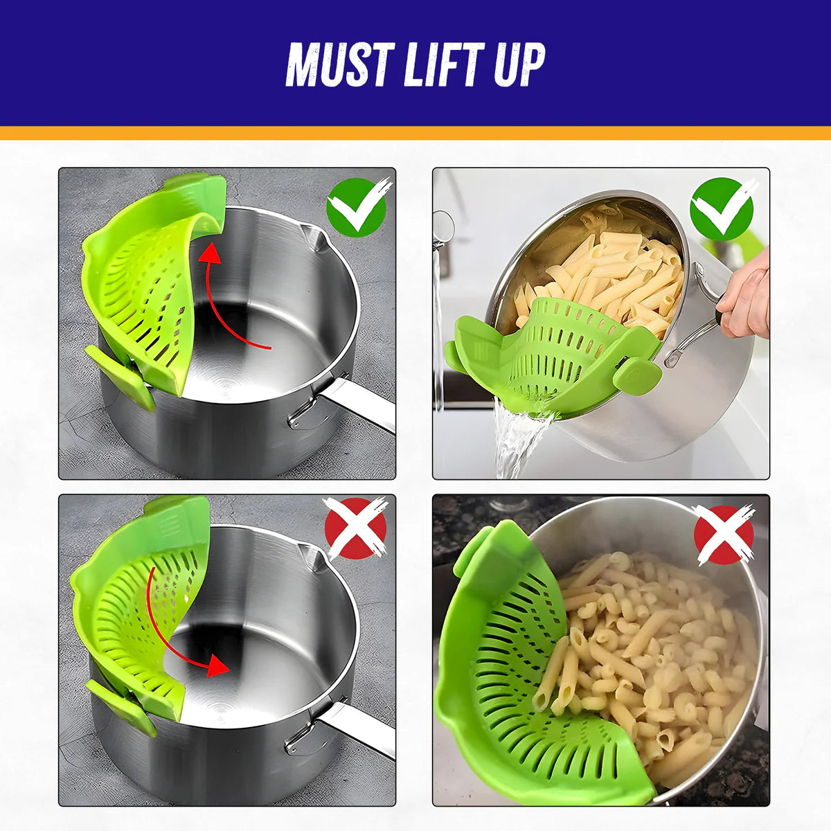 Silicone Clip‑On Strainer – Universal Silicone Pasta & Vegetable Strainers for Pots and Bowls