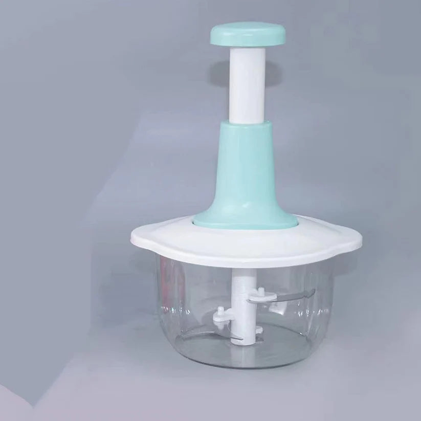 Handheld kitchen chopper with turquoise top and white base on a gray background