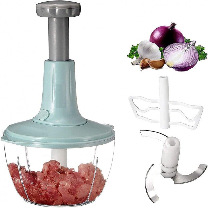 Handheld vegetable chopper with attachments and chopped vegetables on a white background