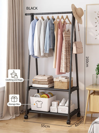 Metal A-Frame Garment Rack Size Chart showing 160cm overall height, 55cm width, 42cm depth with 2-tier mesh shelves and rolling caster wheels - Emperial Homes