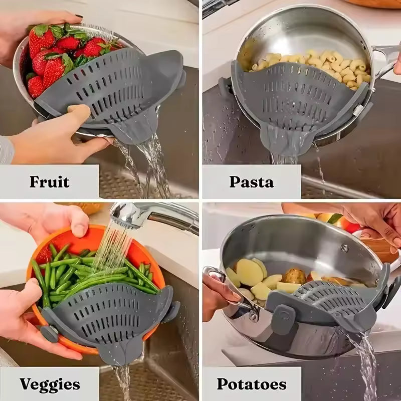 Silicone Clip‑On Strainer – Universal Silicone Pasta & Vegetable Strainers for Pots and Bowls