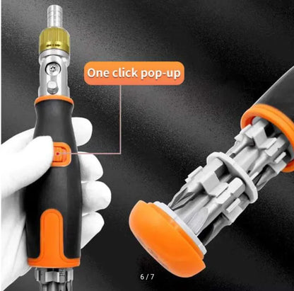 "Multi-bit screwdriver jisme 'one-click pop-up' storage feature hai aur saath mein screwdriver bits dikhaye gaye hain."