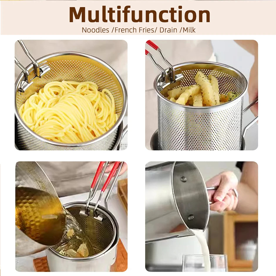 Multifunctional strainer being used for noodles, French fries, draining, and pouring liquids.