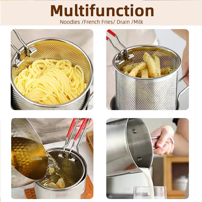 Multifunctional strainer being used for noodles, French fries, draining, and pouring liquids.