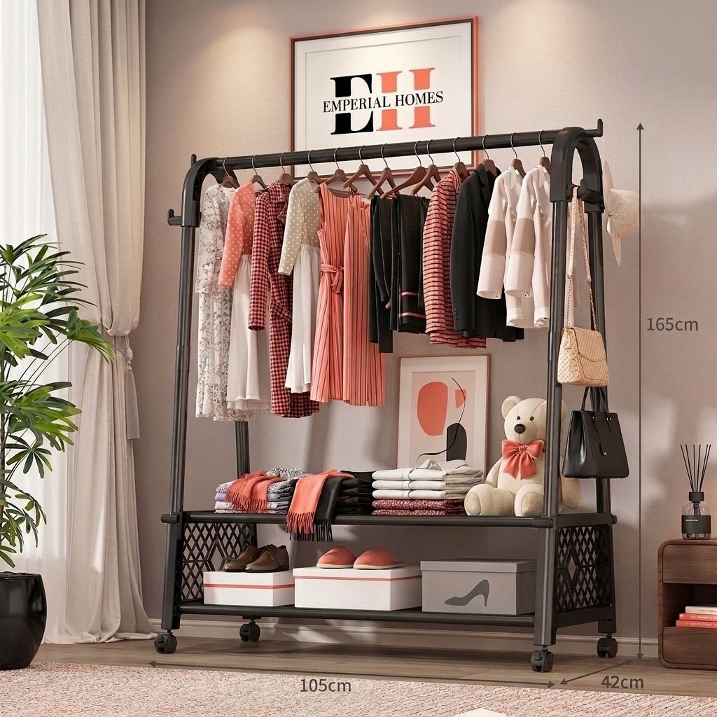 Minimalist Heavy Duty Clothing Stand with Bottom Storage & Wheels - Emperial Homes