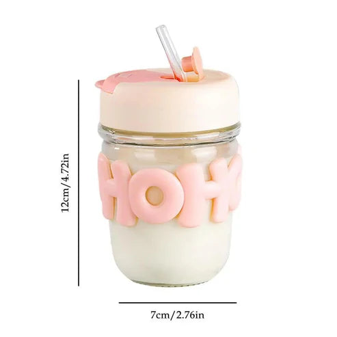 350ml Cute Glass Sipper with Straw, Lid & Pearl Chain | Kids & Girls Water Cup