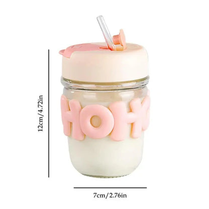 350ml Cute Glass Sipper with Straw, Lid & Pearl Chain | Kids & Girls Water Cup