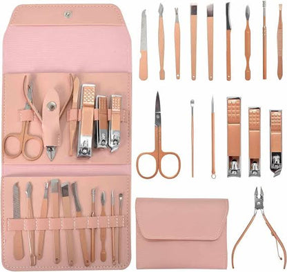 open kit manicure set with tools on a white surface