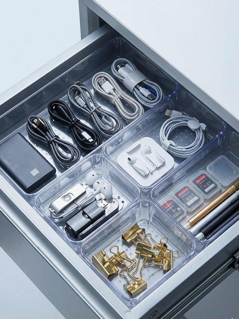 Organized drawer with compartments containing various small items
