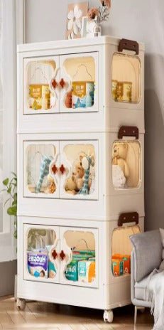 Cream White 4-Layer Foldable Storage Cabinet with clear front doors, brown handles, and rolling wheels storing toys and baby items - Emperial Homes