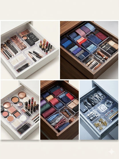 Collage of various organized drawers with makeup and grooming items.