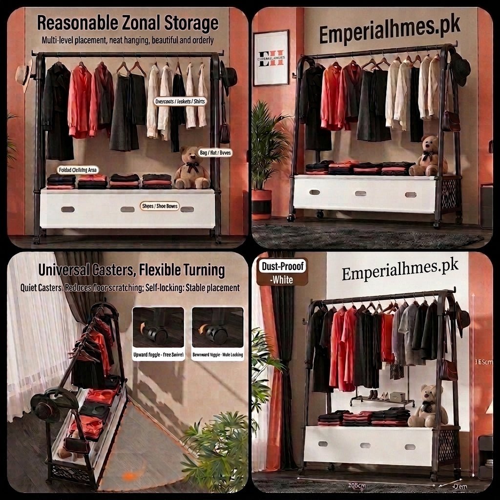 Minimalist Heavy Duty Clothing Stand with Bottom Storage & Wheels - Emperial Homes