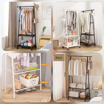 Metal A-Frame Garment Rack with 2-Tier Storage Shelves & Wheels