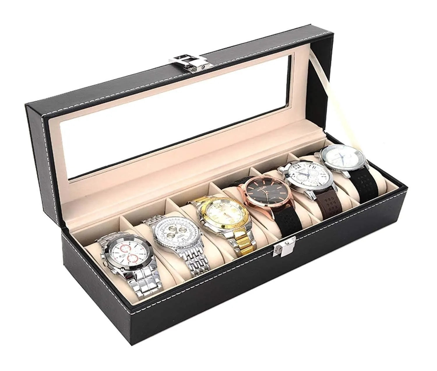 6-Slot PU Leather Wrist Watch Storage Box – Elegant Watch Holder & Display Case Organizer