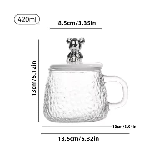 400ml Glass Mug with Bear Lid & Spoon | Cute Crystal Tea & Coffee Cup