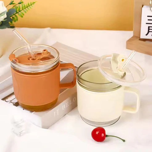 400ml Anti-Scald Insulated Glass Mug with Straw | Hot & Cold Coffee Cup